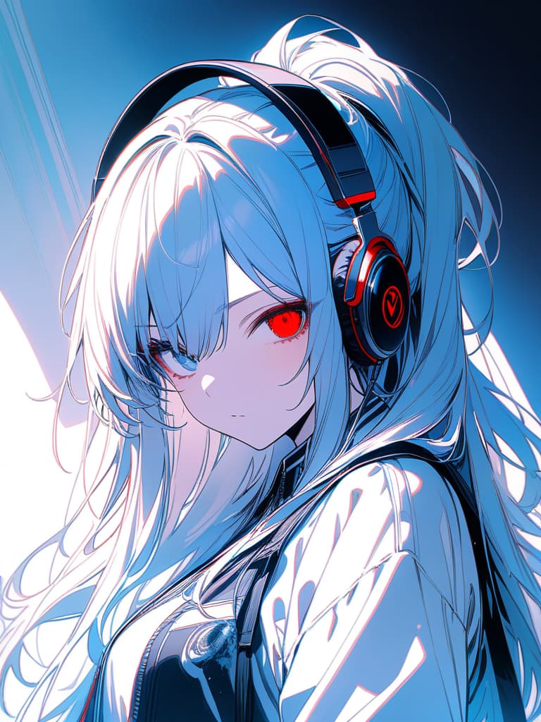  her headphones, long hair, cool, cool, women, monochrome, red and blue flowers, right eyes are blue, left eyes are red, odd eye, one eye is red, one eye. is blue, masterpiece, best quality,8k,ultra detailed,high resolution,an extremely delicate and beautiful,hyper detail