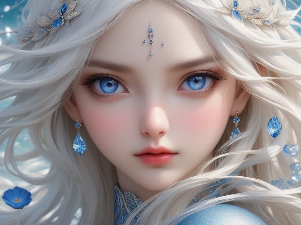  masterpiece,best quality,official art,extremely detailed cg 8k wallpaper,(flying petals) (detailed ice),crystals texture skin,1girl,cold expression,white hair,long hair,messy hair,blue eye,looking at viewer,extremely delicate and beautiful,water,((beauty detailed eye)),highly detailed,cinematic lighting,((beautiful face), fine water surface, (original figure painting), ultra detailed, incredibly detailed, (an extremely delicate and beautiful), beautiful detailed eyes, (best quality), award winning, professional, highly detailed, masterpiece