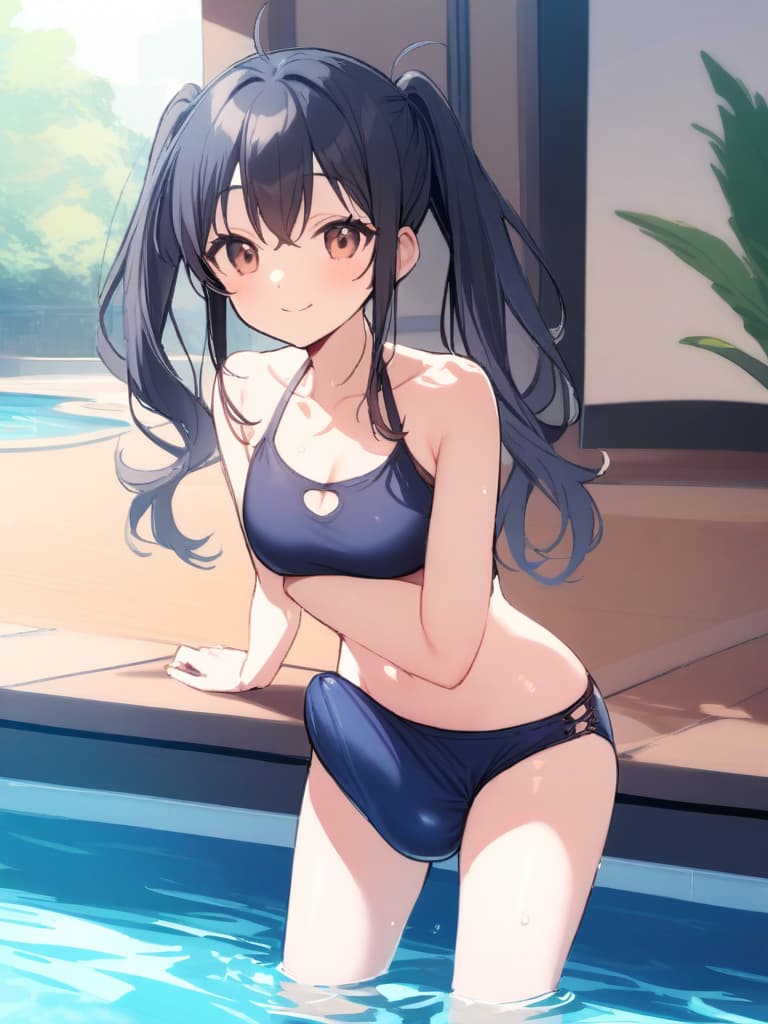  women's elementary students, twin tails, rich smiles, cute smiles, navy blue swimwear, old swimwear, swimwear, simple, male, shaped clear , shaped clear, clear stem, shaped crisp, male bulge,, front. the whole body, pool side,