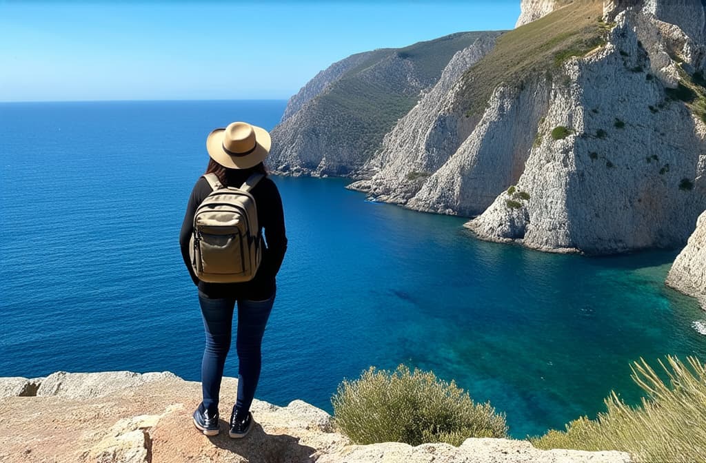  a young stands on the edge of a cliff with her back in the frame, the has a backpack on her back, the is wearing a hat, the 's hands are in her pockets, in front of the is the sea and a beautiful picturesque bay, sunny weather ar 3:2 {prompt}, maximum details