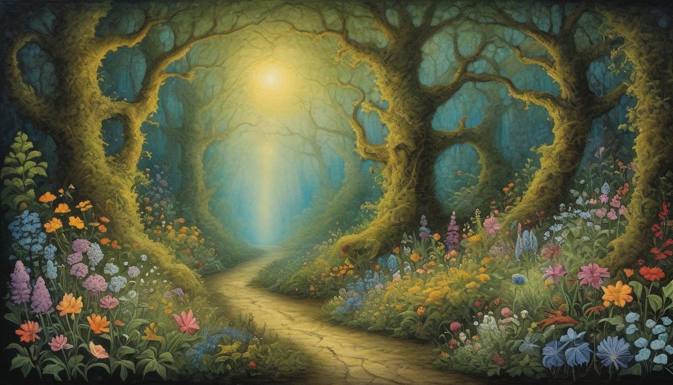  on parchment, surrealism++, path winding through dense, enchanted forest, overgrown with luminous flowers and strange plants, light glowing at the path's end, sense of journey and growth(mysterious, provocative, symbolic)++