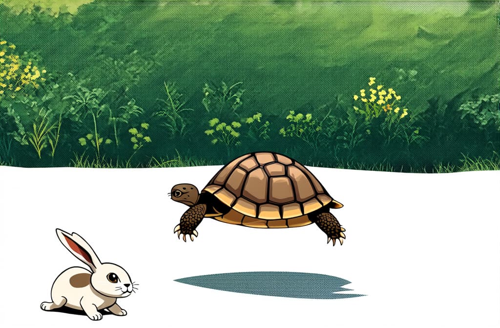  flat illustration, flaticon, (illustration:1.15), turtle running after bunny on white background ar 3:2, [cory loftis, strobist, pascal campion :: 0.2]