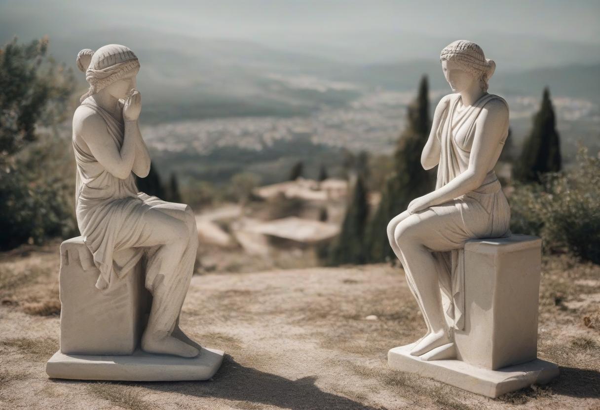  ancient greece sparta two small statues of goddesses half sided in the background landscape without people