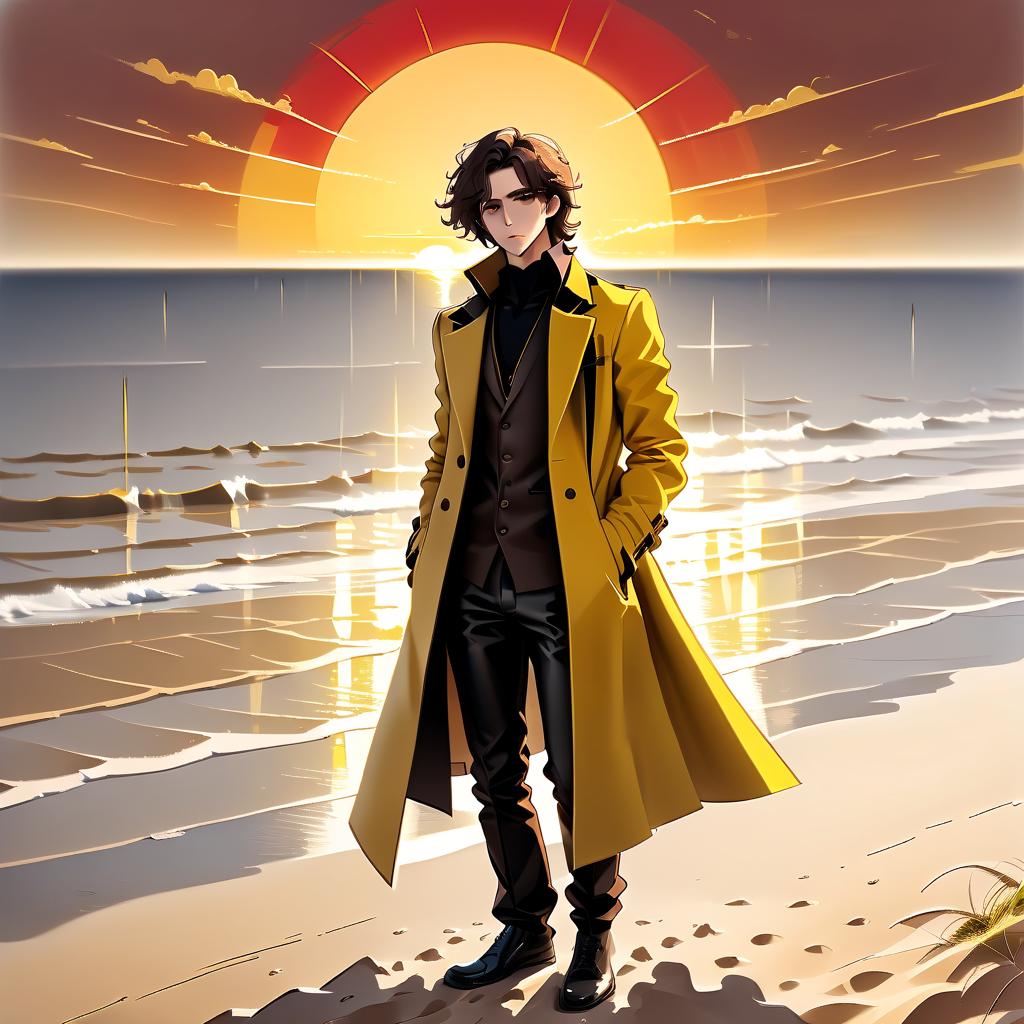  architectural style a young man stands on a beach where the soft sand extends to the horizon. he has long dark brown hair, which flies slightly in the breeze. his face, with pronounced jewish and slavic features, radiates lively energy. brown eyes are full of deep emotions, as if reflecting the vast expanses of the ocean. he wears a bright yellow coat that seems to shine, catching the eye and contrasting with the soft shades of the sunset. under his coat he wears a black shirt and black pants are decorated with yellow elements, creating a stylish and dynamic look. the sunset blooms in the sky, turning the surrounding space into a magical spectacle. the bright red rays of the sun fall on the terrain in stripes, highlighting the sandy shore a