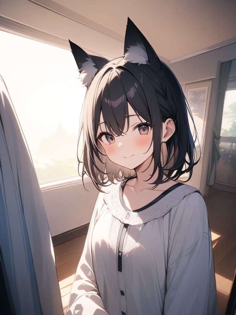  black hair, short hair, smile, cute, gradation, braided ears, first blue, fox ears, whole body, housewear, masterpiece, best quality,8k,ultra detailed,high resolution,an extremely delicate and beautiful,hyper detail