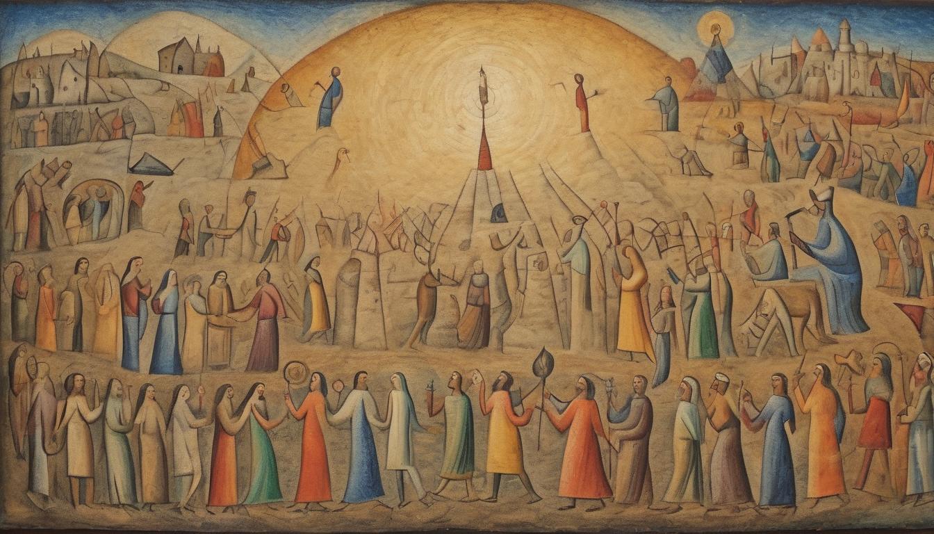  on parchment, surrealism++, mosaic of individuals in various acts of service, radiant light connecting them, diverse backgrounds, communal mission, collective purpose(mysterious, provocative, symbolic)++