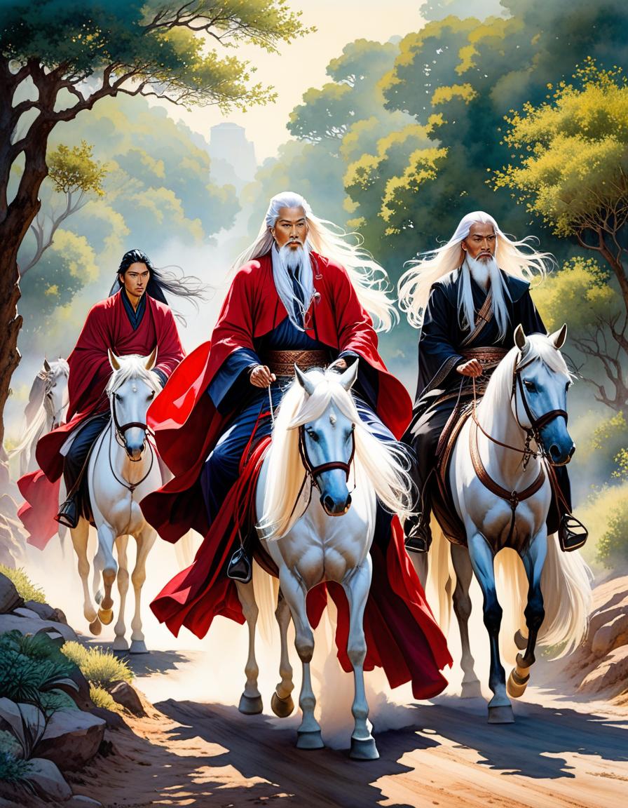  watercolor painting roads crossed, three asian men one with long white hair, two with long black hair, riders in long red cloaks on horses at the crossroads, fantasy, magic, bright . vibrant, beautiful, painterly, detailed, textural, artistic hyperrealistic, full body, detailed clothing, highly detailed, cinematic lighting, stunningly beautiful, intricate, sharp focus, f/1. 8, 85mm, (centered image composition), (professionally color graded), ((bright soft diffused light)), volumetric fog, trending on instagram, trending on tumblr, HDR 4K, 8K