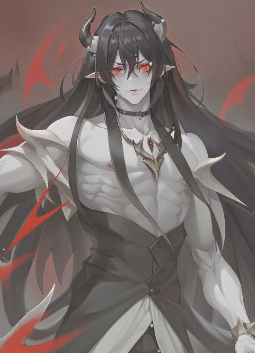  man demon, white skin, red eyes, black hair, white horns, black clothes