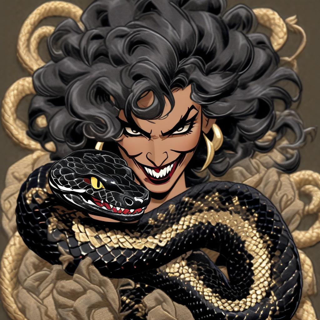  a beautiful old with black wavy hair, black snake eyes, snake fangs, in a black in costume with silver scale embroidery, beautiful stern features,