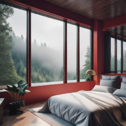  red hair woman laying on a bed near a big window reading a book. house is in the woods. the bed has white linens. storming rain outside and rain rolling down the windows. tree house style home. hyperrealistic, full body, detailed clothing, highly detailed, cinematic lighting, stunningly beautiful, intricate, sharp focus, f/1. 8, 85mm, (centered image composition), (professionally color graded), ((bright soft diffused light)), volumetric fog, trending on instagram, trending on tumblr, HDR 4K, 8K