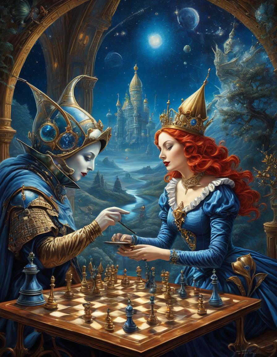  space themed illustration, the jester and the queen play chess, in the style of michael cheval, metaphorical literary plot, surrealism, absurd combination of space, inverted reality, land of illusions, fantasy, hallucinations . cosmic, celestial, stars, galaxies, nebulas, planets, science fiction, highly detailed