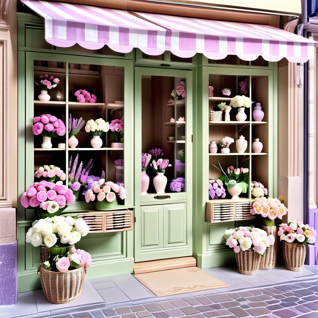  advertising poster style ((the interior of a flower shop)) the walls of the shop are decorated with floral ornaments. ((1,2 wooden carved shelves1,with flowers, baskets with bouquets)). cupboards with vases filled with fresh flowers, chests of drawers, tables and pouffes with imitation aged wood look very attractive. light parquet flooring. (style):fantasy, art design, provence, advertising, shop window, (colours):soft pink, light lavender, white, soft green, all pastel shades. . professional, modern, product focused, commercial, eye catching, highly detailed