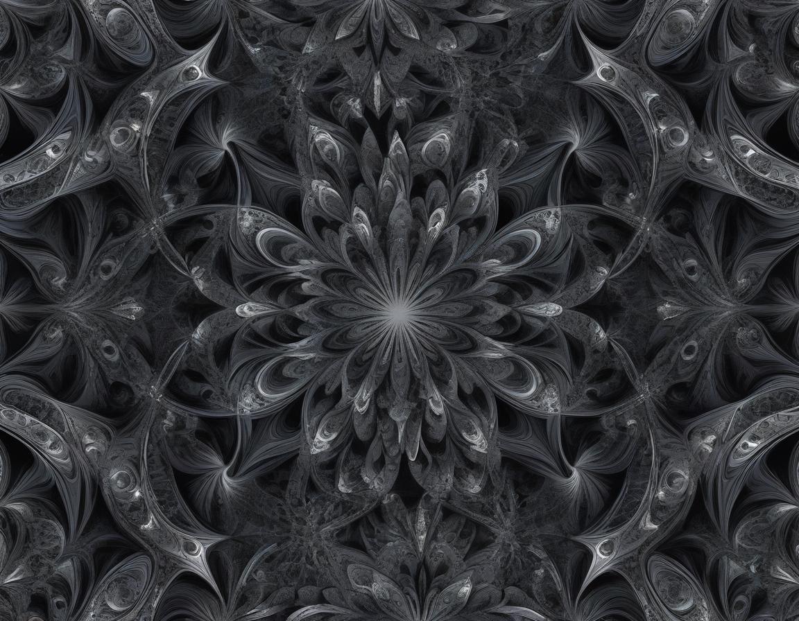  generate a seamless, intricate psychedelic pattern inspired by fractal and abstract art. the design should have flowing, swirling symmetrical shapes with complex details. replace the bright, vibrant colors with a dark color scheme consisting of black, gray, and metallic silver tones. the final image should evoke a futuristic, mysterious atmosphere with high contrast between shadows and highlights.