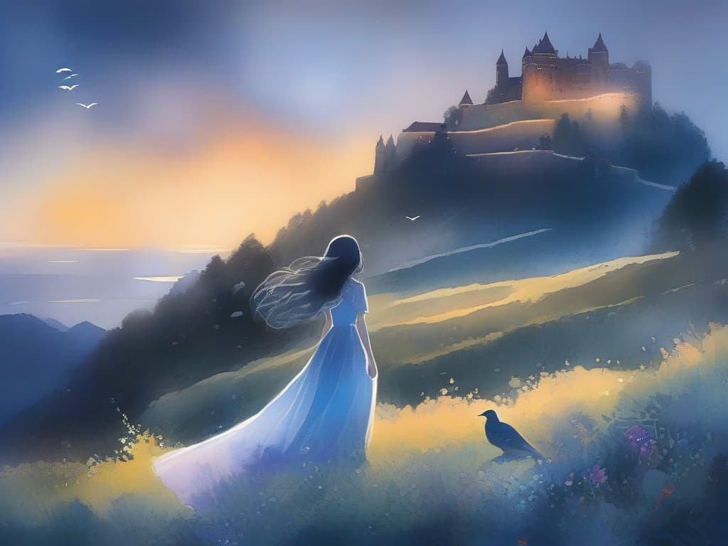  flower garde,dusk,princess in a dress,gazing into the distance,long hair,royal castle silhouette,on the hill,white bird,fleeting feeling,