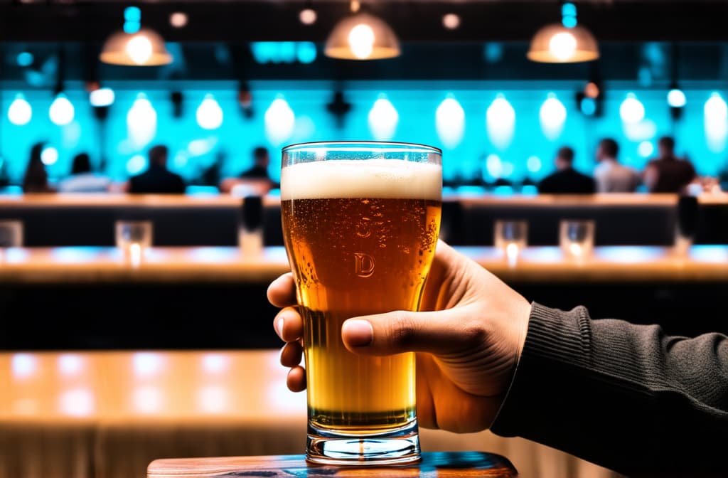  professional detailed photography, glass of beer in female hands on the right, against the background of a sports bar ar 3:2, (muted colors, dim colors, soothing tones), (vsco:0.3)