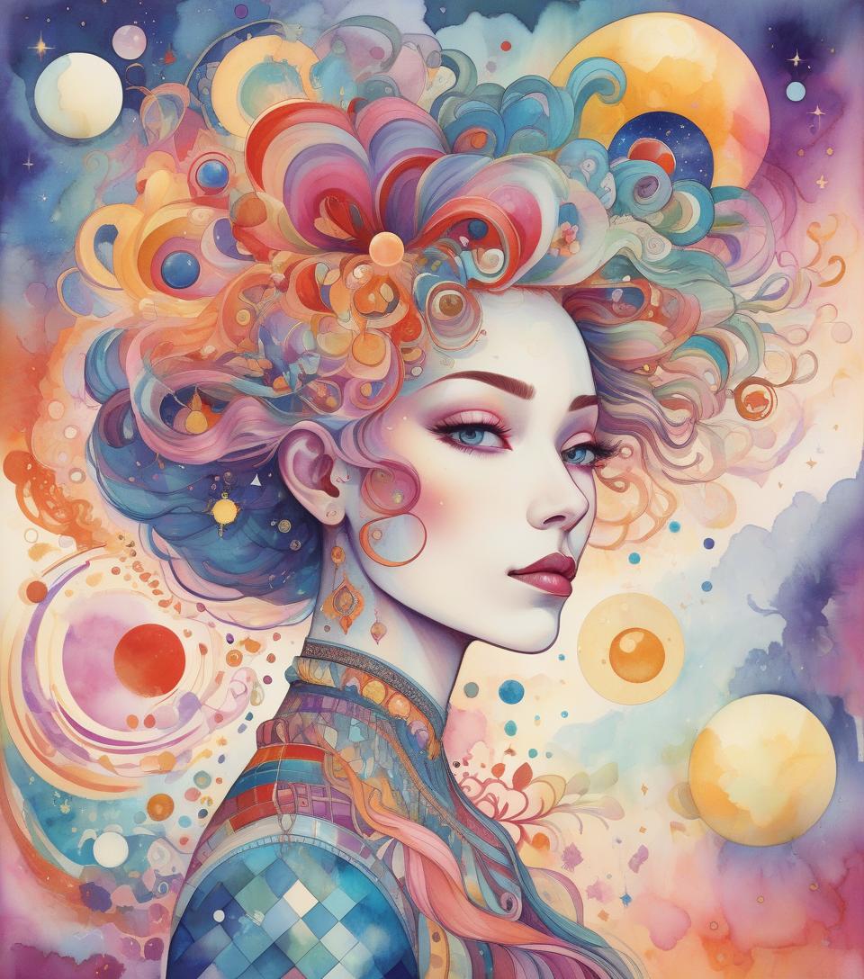  a vibrant digital artwork portraying a woman with elaborate, colorful hair adorned with swirling patterns and celestial orbs set against a dreamy backdrop. gorgeous watercolor patchwork, fantasy, fantastic, no corners, kandinsky dot line drawing, highly detailed, exquisitely intricate, beautiful, clear, high quality, colorful.