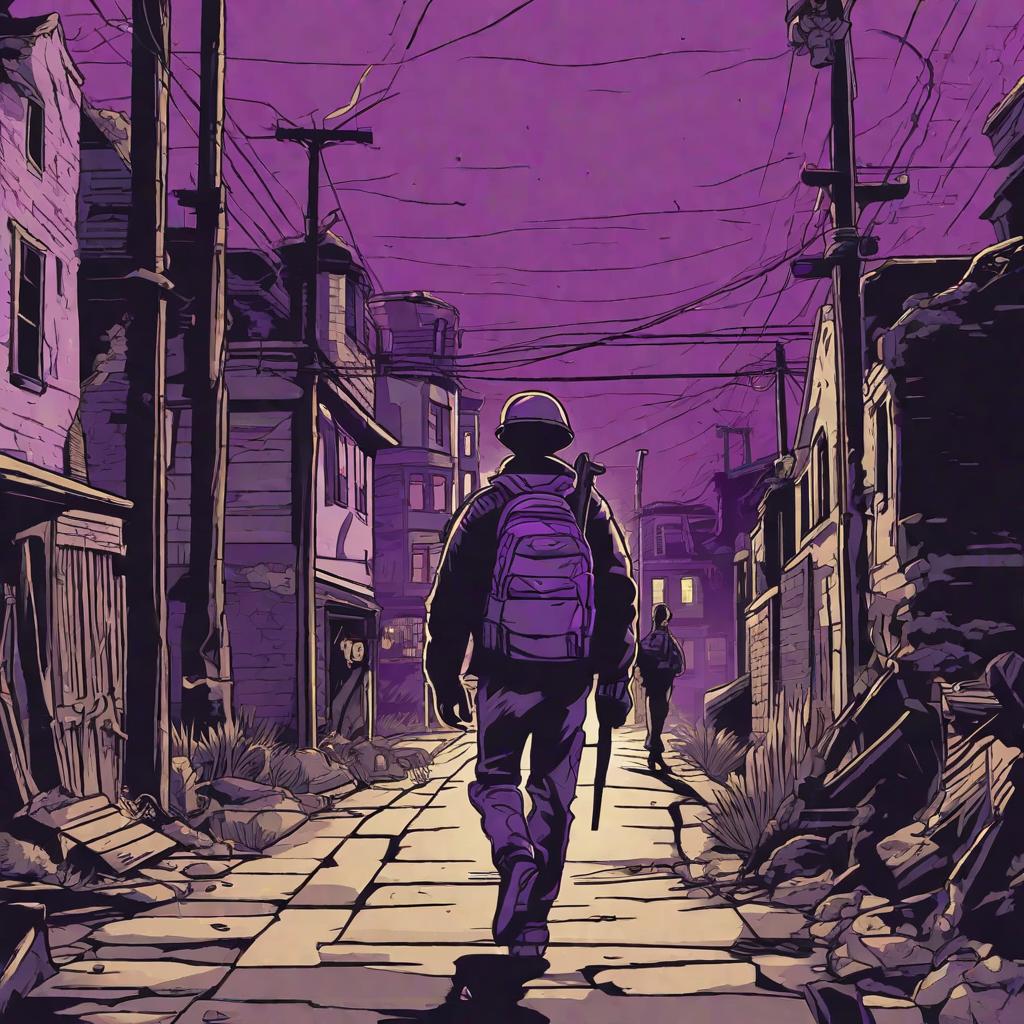  Zombie crisis, a person wearing a purple sweater is walking down an abandoned street, carrying a large bag behind him, holding a weapon in his hand, the hat of the sweater is on, the face of the person wearing a purple sweater is completely shrouded in darkness, besides, another person is wearing a military uniform and looks very relaxed.