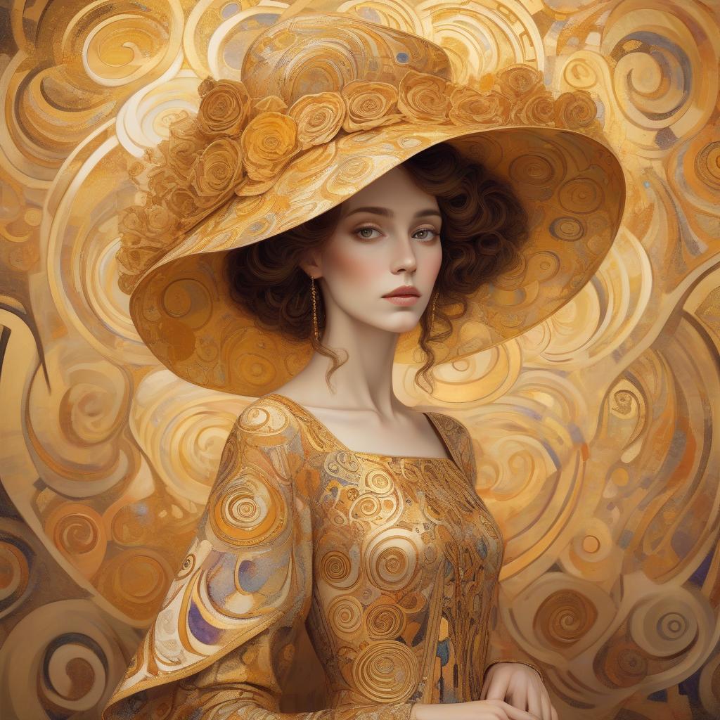  a woman with large, ornate hat and detailed garment in a style reminiscent of gustav klimt's artwork, featuring golden swirls and patterns. woman with a big elegant hat and modest dress with different colours style klimt. warm colours.