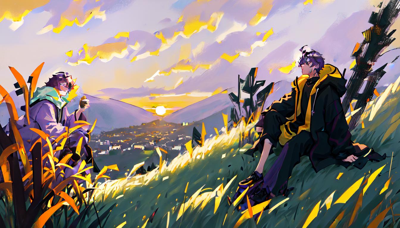  masterpiece, best quality, A lone figure, a male character with purple hair, black coat, with a shovel on his back, sits on a lush grassy hilltop, his silhouette outlined against the golden hues of a breathtaking sunset. The wind gently rustles his clothes as he gazes wistfully at the horizon, lost in thought. The scene is serene and tranquil, capturing a moment of quiet contemplation in the beauty of nature. Realized in a soft watercolor painting, blending warm tones to evoke a sense of nostalgia and longing.