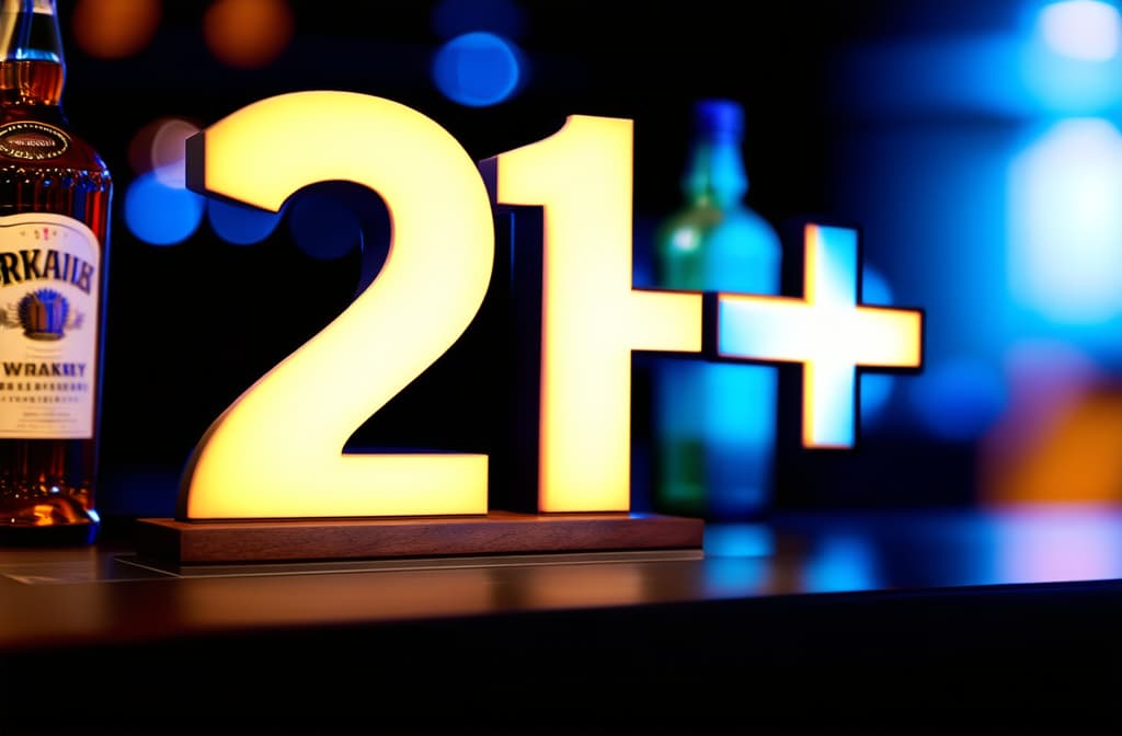  closeup on 3d letters "21+" at bar counter, whiskey bottle blurred in background ar 3:2 {prompt}, maximum details