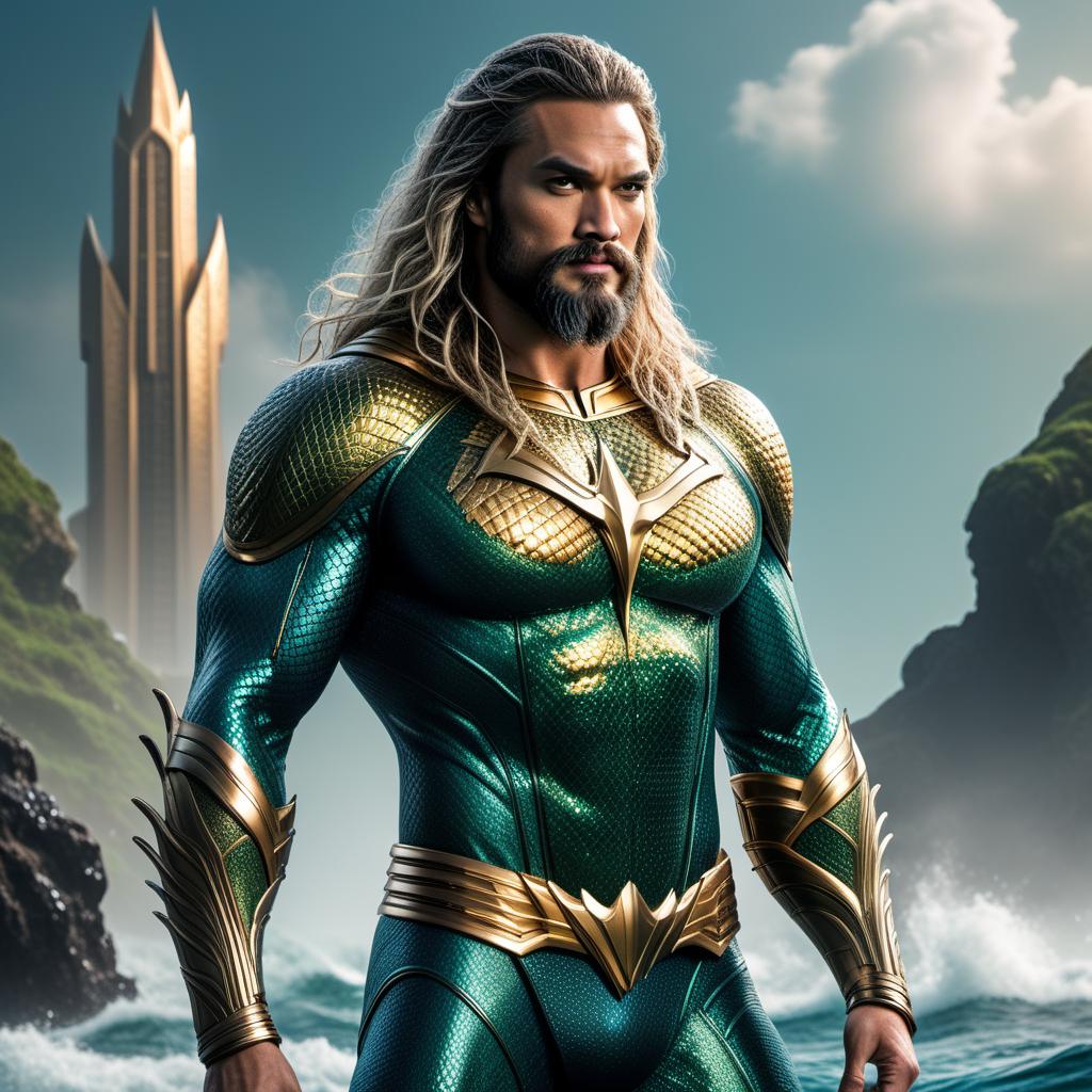  A highly detailed comic-style character design integrating more elements of Aquaman into a combined character with Superman. The character should feature Aquaman's scaled armor, trident, and sea motifs prominently, with some subtle hints of Superman's color scheme. Include features such as Aquaman's crown, oceanic tattoos, and flowing elements reminiscent of water. The character should exude a regal and commanding presence, with a dynamic pose that showcases Aquaman's connection to the ocean and his powerful abilities. Surround the character with an underwater backdrop to emphasize the aquatic theme. hyperrealistic, full body, detailed clothing, highly detailed, cinematic lighting, stunningly beautiful, intricate, sharp focus, f/1. 8, 85mm, (centered image composition), (professionally color graded), ((bright soft diffused light)), volumetric fog, trending on instagram, trending on tumblr, HDR 4K, 8K