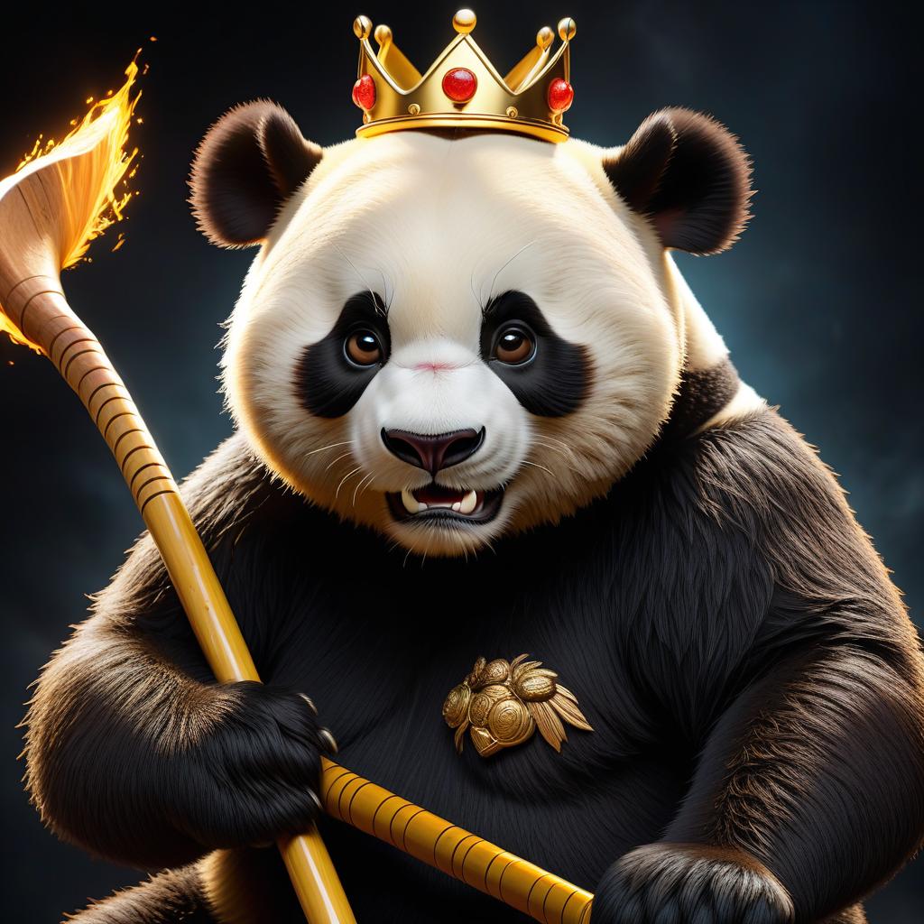  create a golden colored picture in the center of a cartoon brutal panda with a crown on his head playing hockey with a stick in his hands on a black background hyperrealistic, full body, detailed clothing, highly detailed, cinematic lighting, stunningly beautiful, intricate, sharp focus, f/1. 8, 85mm, (centered image composition), (professionally color graded), ((bright soft diffused light)), volumetric fog, trending on instagram, trending on tumblr, HDR 4K, 8K