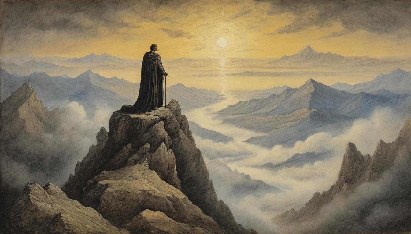  on parchment, surrealism++, figure standing tall on a mountain peak, looking down at dark, tumultuous valley below, air of triumph and separation, bright sunrise breaking through clouds, sense of finality and achievement(mysterious, provocative, symbolic)++