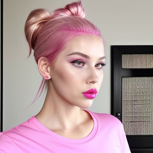  (--Style Photoralism, 16k) a close up of a woman with a pink shirt and a pink hair, pink shirt, pink lipstick, light pink lipstick, 🤬 🤮 💕 🎀, hair bun, ager , hyperrealistic , wearing a t-shirt, , beautiful makeup, hair tied in a bun, hair in a bun, updo, pink lips