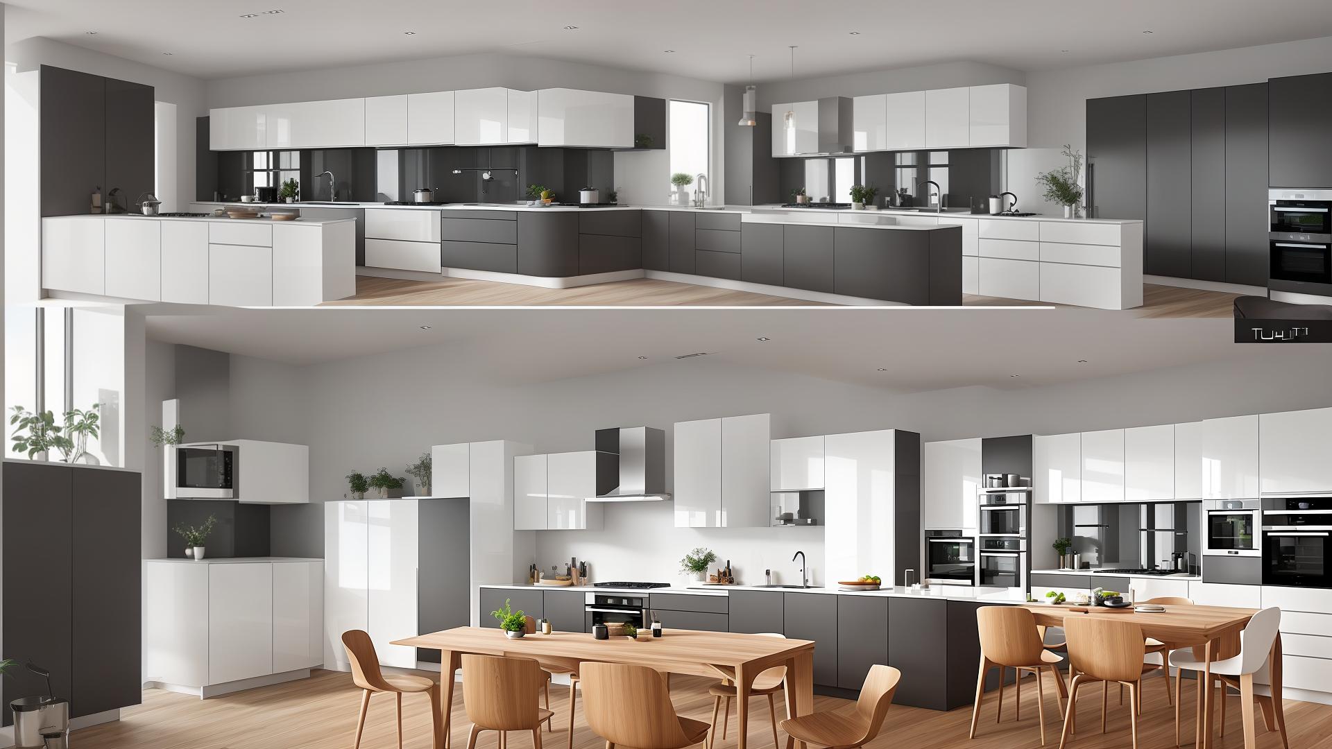  A modern and stylish kitchen interior designed by TuRum, featuring minimalist design with a combination of light and neutral colors (white, gray, wooden tones) and sleek black accents. The kitchen includes built-in appliances like an oven, microwave, and dishwasher, with spacious cabinets and pull-out systems for optimal storage. The countertops are made of high-quality materials, and the layout is either straight or L-shaped to fit small spaces. Additional elements include bottle holders, organizers, railings, and hidden hoods. The overall look is clean, functional, and elegant, with a focus on practicality and ease of maintenance. hyperrealistic, full body, detailed clothing, highly detailed, cinematic lighting, stunningly beautiful, intricate, sharp focus, f/1. 8, 85mm, (centered image composition), (professionally color graded), ((bright soft diffused light)), volumetric fog, trending on instagram, trending on tumblr, HDR 4K, 8K