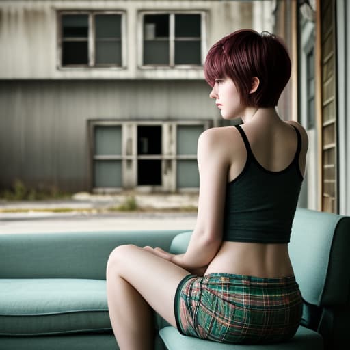  Color, Atmosphere dim, blurry back, girl short haired, in plaid boxers, lounging furniture, tank top, creepy building, bright heart logo