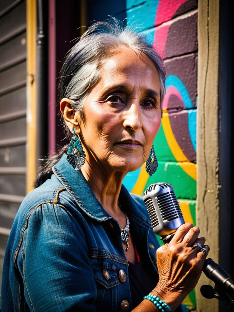  A younger Country singer Joan Baez, medium shot, upper body, spotlight, long exposure lighting, street art style spray paint, glamour lighting