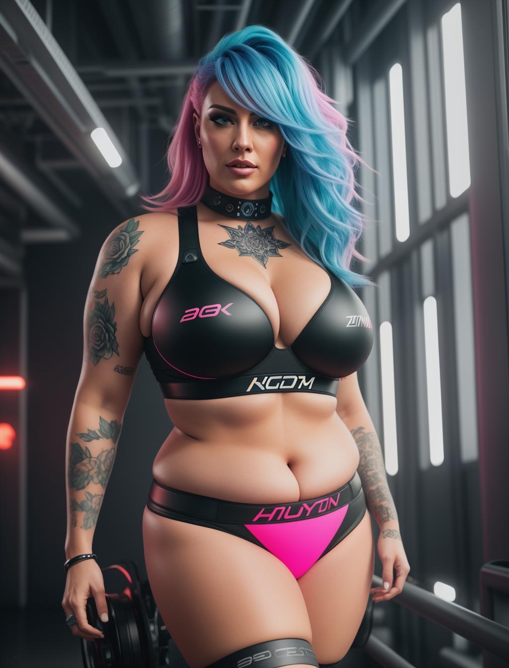  a beautiful obese white cyberpunk athletic female, rose vivid tattoos, pink blue fluro hair, green eyes, front profile, 4k, ultra photo realistic features, vivid lighting, unreal engine 5 hyperrealistic, full body, detailed clothing, highly detailed, cinematic lighting, stunningly beautiful, intricate, sharp focus, f/1. 8, 85mm, (centered image composition), (professionally color graded), ((bright soft diffused light)), volumetric fog, trending on instagram, trending on tumblr, HDR 4K, 8K