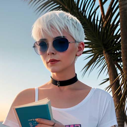  a woman with white hair, a short haircut "pixie" in sunglasses, a t shirt top, with a choker around her neck, stands against a neon sunset. in full height. in her hand holds a closed book. the cover reads "bringing out the trule." coast of the sea, shade of palm trees. digital photo. high detail. high realism.