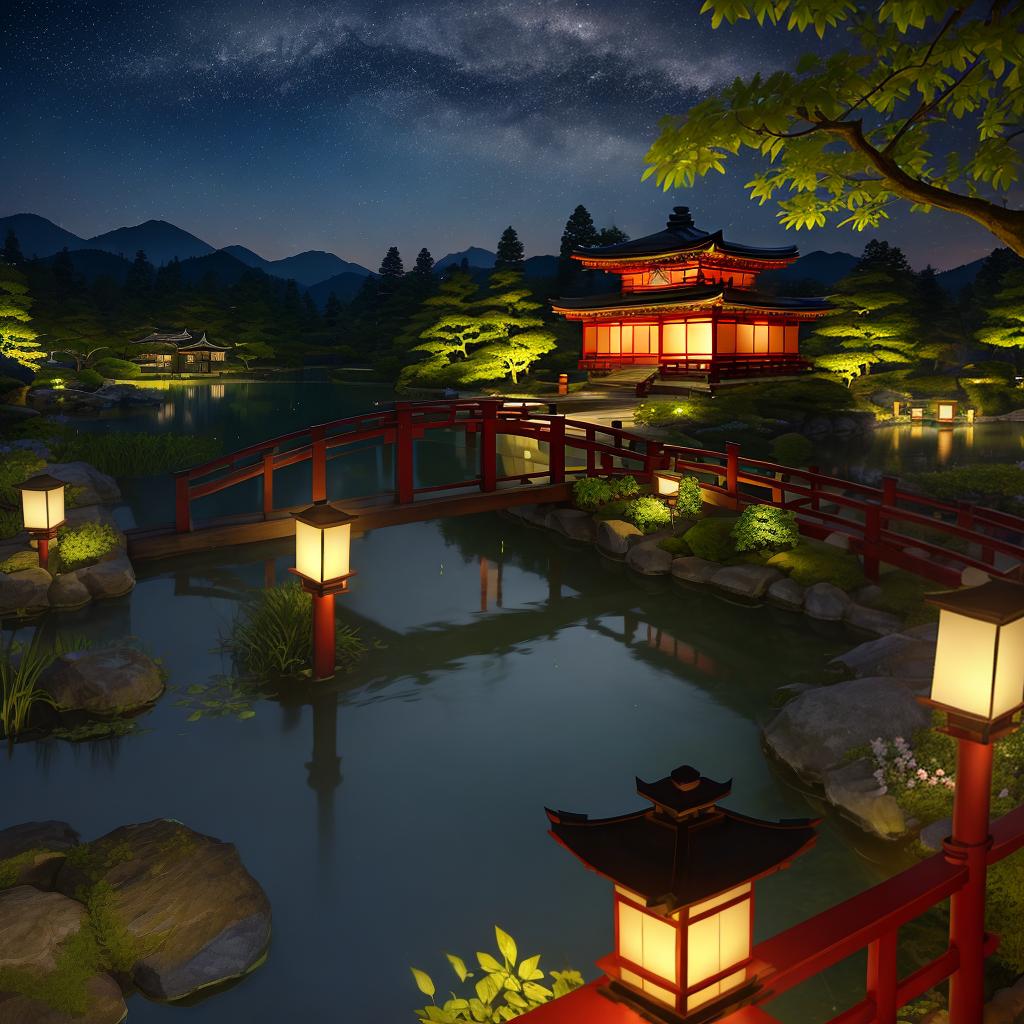  masterpiece, best quality, (fidelity:1.4), best quality, masterpiece, ultra high resolution, 8k resolution, night view inspired by Japanese art, featuring a garden illuminated by paper lanterns and a wooden bridge spanning a tranquil lake with a small Zen temple beside the lake.