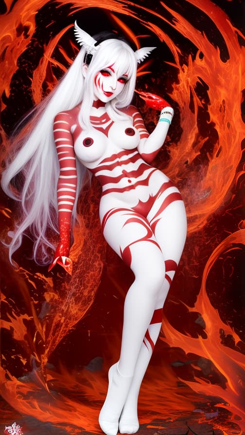  Full body red flame pattern body paint, Blark body paint on the whole body, White face paint on the face, succubus 女性