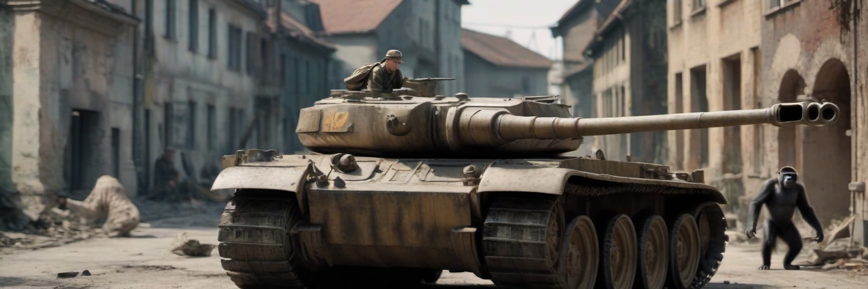  cinematic photo generate a german tiger 1 tank as similar as world war ii on a ruined street. add a gorilla on a tank. add a monkey sitting on a tank . 35mm photograph, film, bokeh, professional, 4k, highly detailed