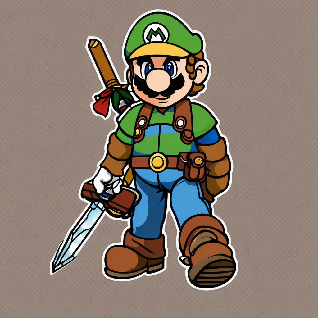  Masterpiece, best quality, an image of Mario's Gabon, wearing a hat, holding a Zelda's Master Sword in his hand and boots on his feet.