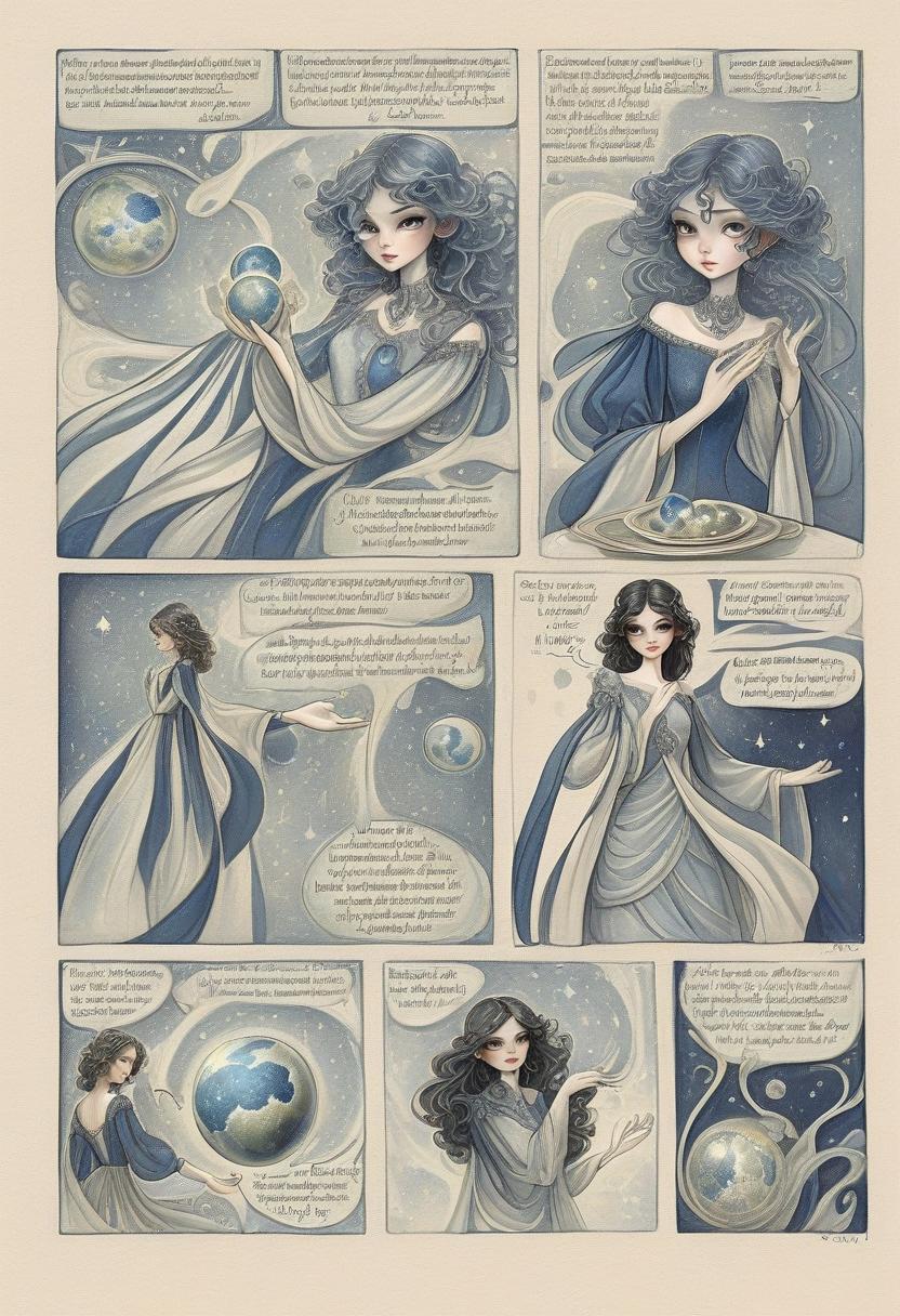  fairy tale enchantress in dark blue shimmering evening dress with airy long sleeves holding a small planet. her dark wavy hair is loose. photorealism. looking directly into the camera. . magical, fantastical, enchanting, storybook style, highly detailed, hkmagic, perfect hands