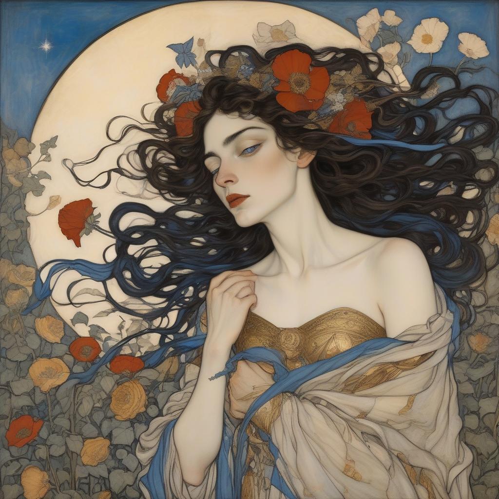  painting by arthur rackham and egon schiele depicting a wind goddess, she is a shooting star and a fallen angel, surrounded by beautiful flora, poppies, roses, lilies, morning glories, intricate golden vines, highly detailed azure eyes, luxurious dark hair with botticelli curls in a breeze, with cupids bow lips, wearing gently flowing gossamer silk in blues and gold.