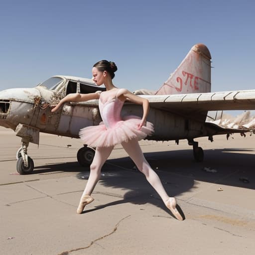  a ballerina in a torn tutu, gracefully dancing atop the wing of a dilapidated airplane in the middle of a desert junkyard.