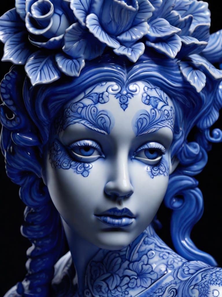  Close-up porcelain female figurine, looking to the camera, glossy surface, glaze, shiny, blue floral tattoos on her, dark gradient background, baroque dark style, hyperrealistic, CG society, intricate details