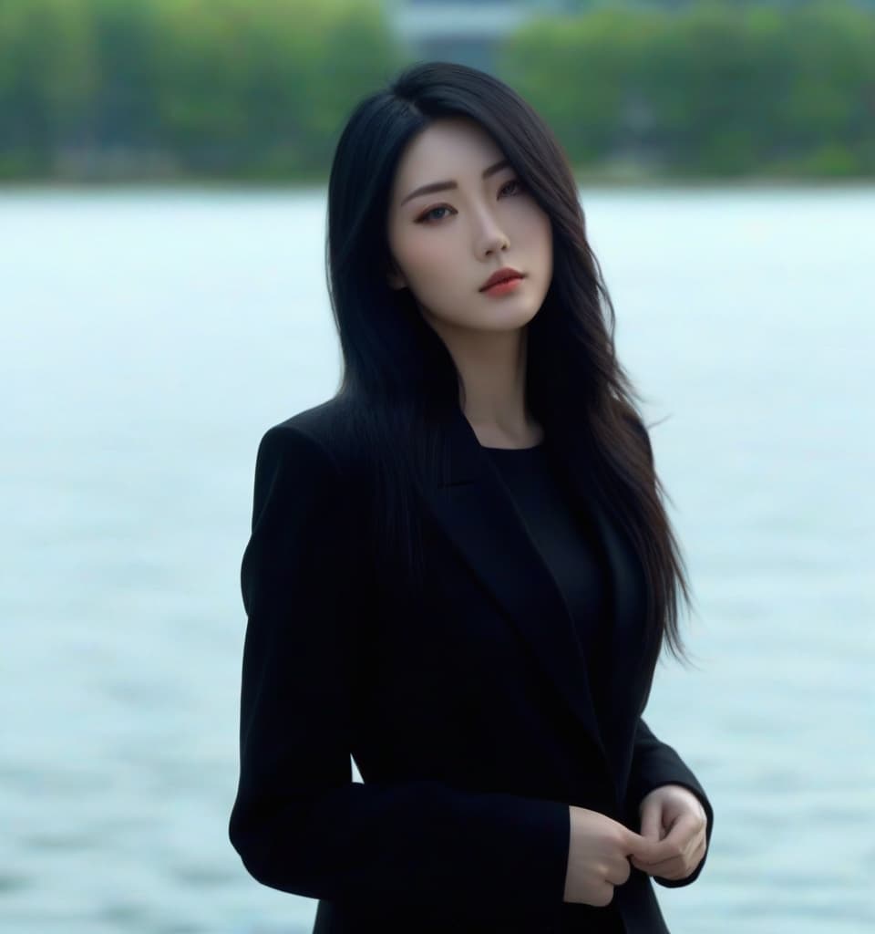  japanese girl, long black hair, black suit hyperrealistic, full body, detailed clothing, highly detailed, cinematic lighting, stunningly beautiful, intricate, sharp focus, f/1. 8, 85mm, (centered image composition), (professionally color graded), ((bright soft diffused light)), volumetric fog, trending on instagram, trending on tumblr, HDR 4K, 8K