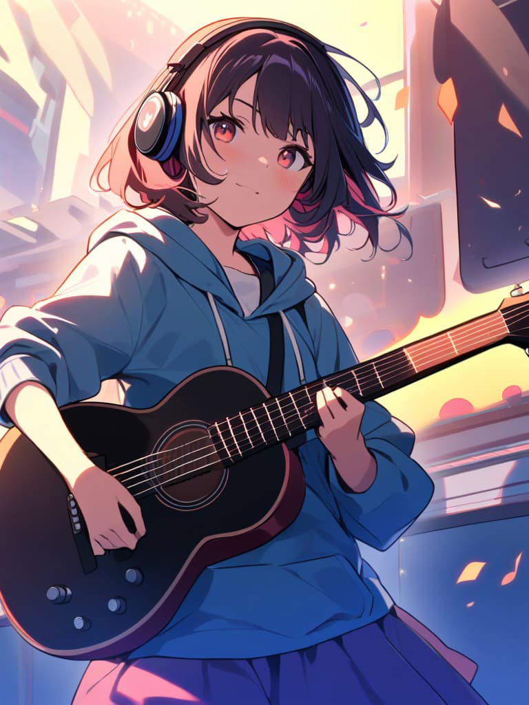  (pastel illustration:1.5)(beautiful girl:1.5)(bobbed hair:1.5)(wearing headphones🎧:1.7)(in a hoodie:1.5)(with a guitar:2.0)(happily playing guitar:2.0)masterpiece,high quality,16k