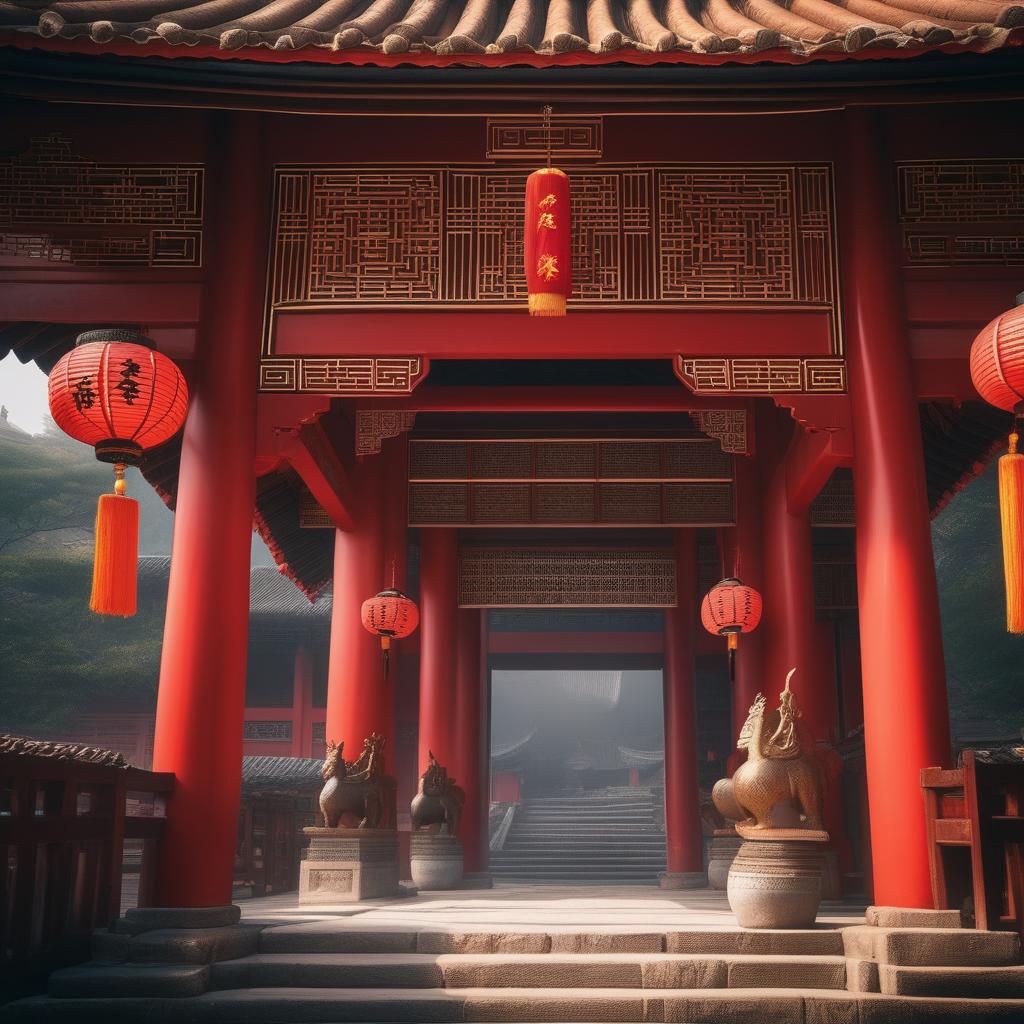  traditional chinese architecture hyperrealistic, full body, detailed clothing, highly detailed, cinematic lighting, stunningly beautiful, intricate, sharp focus, f/1. 8, 85mm, (centered image composition), (professionally color graded), ((bright soft diffused light)), volumetric fog, trending on instagram, trending on tumblr, HDR 4K, 8K