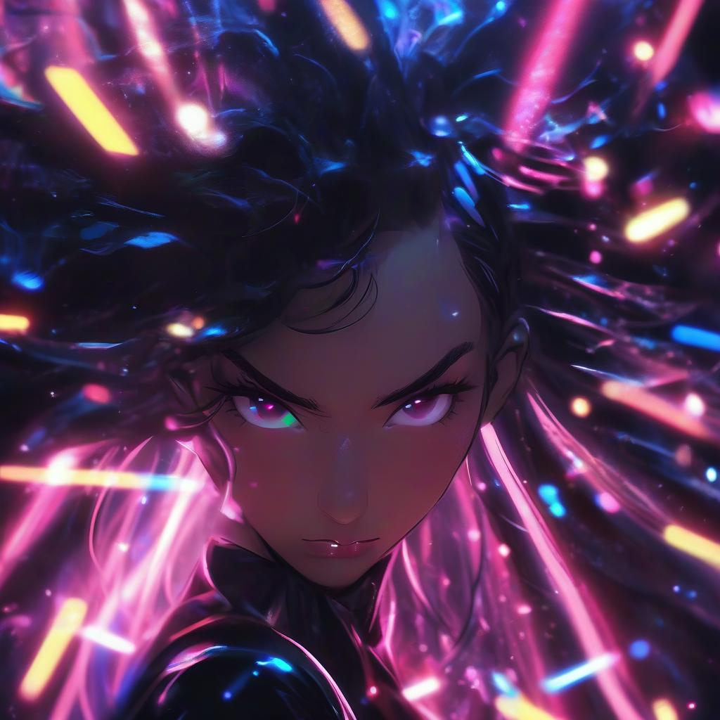  a close up of a person with long hair, neon noire, anime illustrated, shiny black dress, the style of wlop, dark hair, heavy jpeg artifact blurry, portrait gracious saint, sparkles all around, straight black hair, avatar image