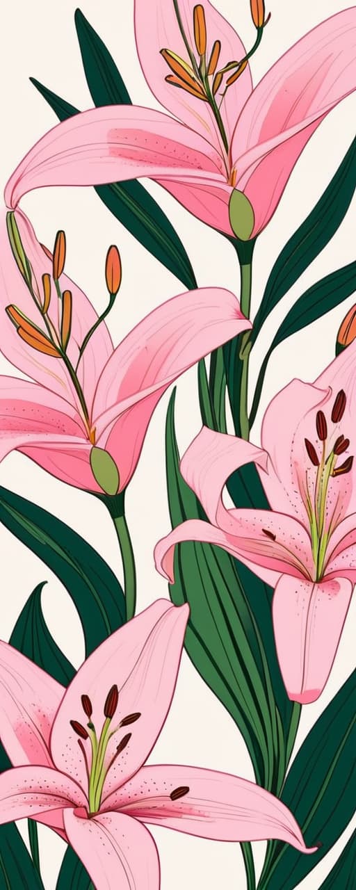  minimalism, the images features individual pink lilies and leaves, each illustrated with fine detail, highlighting their unique textures and curvature. the flowers and leaves vary. each plant carries its own distinct form, emphasizing their organic and fluid shapes., abstract, simple geometic shapes, hard edges, sleek contours, minimalism