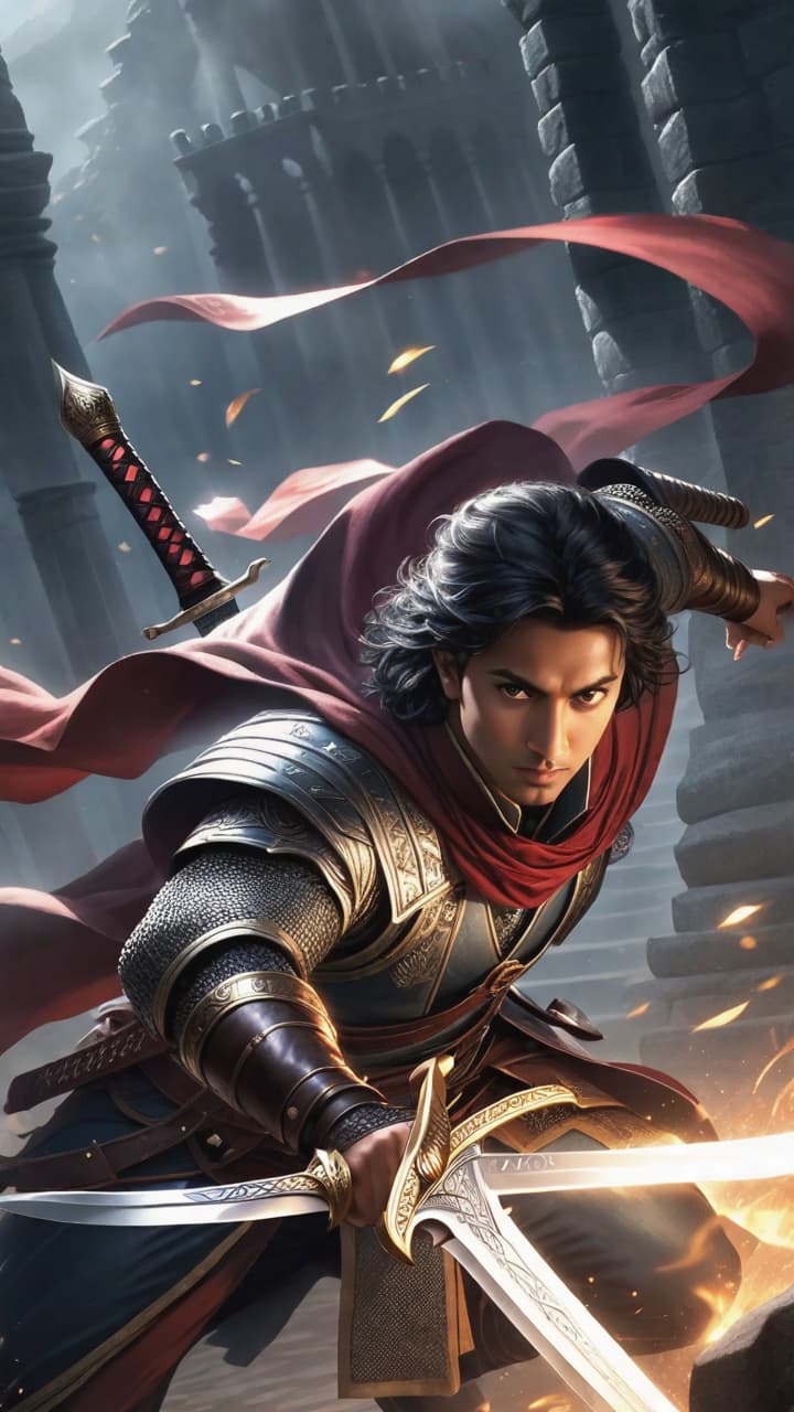  thiago, with determination in his eyes, charging fearlessly towards the shadows, sword drawn.