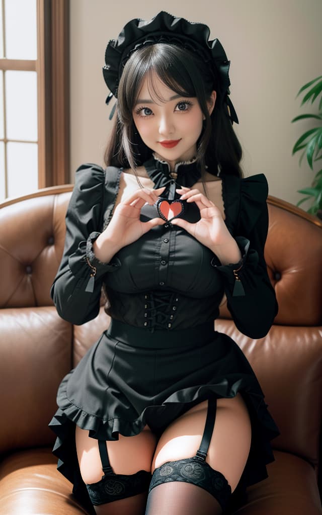  (32K, Real, RAW Photo, Best picture quality: 1.4), (((Beautiful big eyes, Double eyelids))), (((Actress: Nozomi Honda,))), (((Big smile))), (Black hair), (Wavy long hair)), Full anatomical body, (Delicate and beautiful eyes: 1. 3)), (((Couch, big thighs))) (((Couch, big thigh-open))), (((natural light)), (((Gothic Lolita fashion))), (((mini skirt))), (((thigh exposed))), (((sexy pose))), (((Gothic Lolita fashion)), (((mini skirt))) (((thigh exposed))), (((hands in heart pose, front )))) hyperrealistic, full body, detailed clothing, highly detailed, cinematic lighting, stunningly beautiful, intricate, sharp focus, f/1. 8, 85mm, (centered image composition), (professionally color graded), ((bright soft diffused light)), volumetric fog, trending on instagram, trending on tumblr, HDR 4K, 8K
