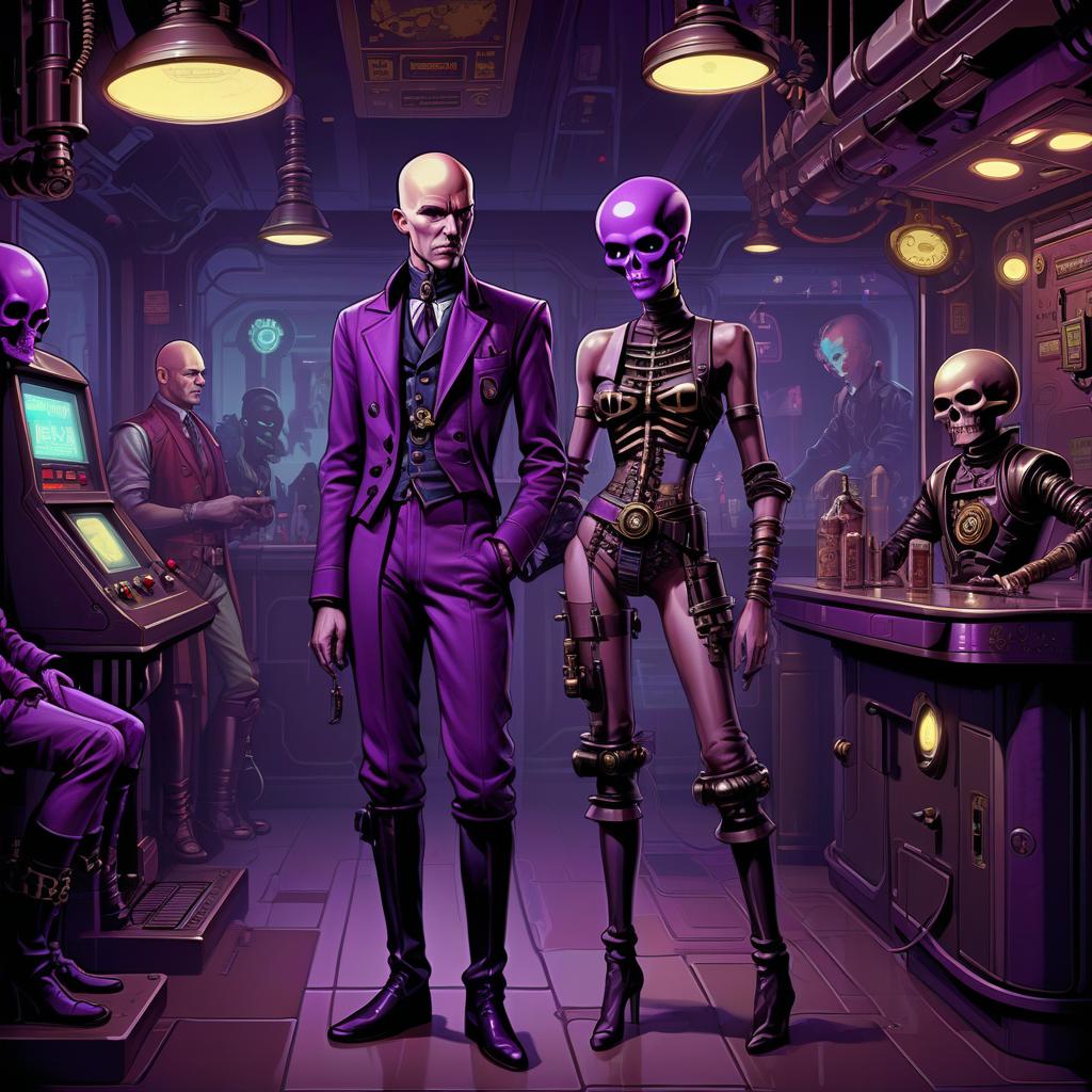  retro game art a group of smugglers, a small man, 40 year, ben needle, small, candy, bald, black. young , 20 year, medium sized s, graceful thin waist, long slender legs, purple hair, droid black skull, mutant minotaur. full length image, steampunk, dieselpunk, paropunk, stand in a retro futuristic tavern. . 16 bit, vint colors, pixelated, nostalgic, charming, fun