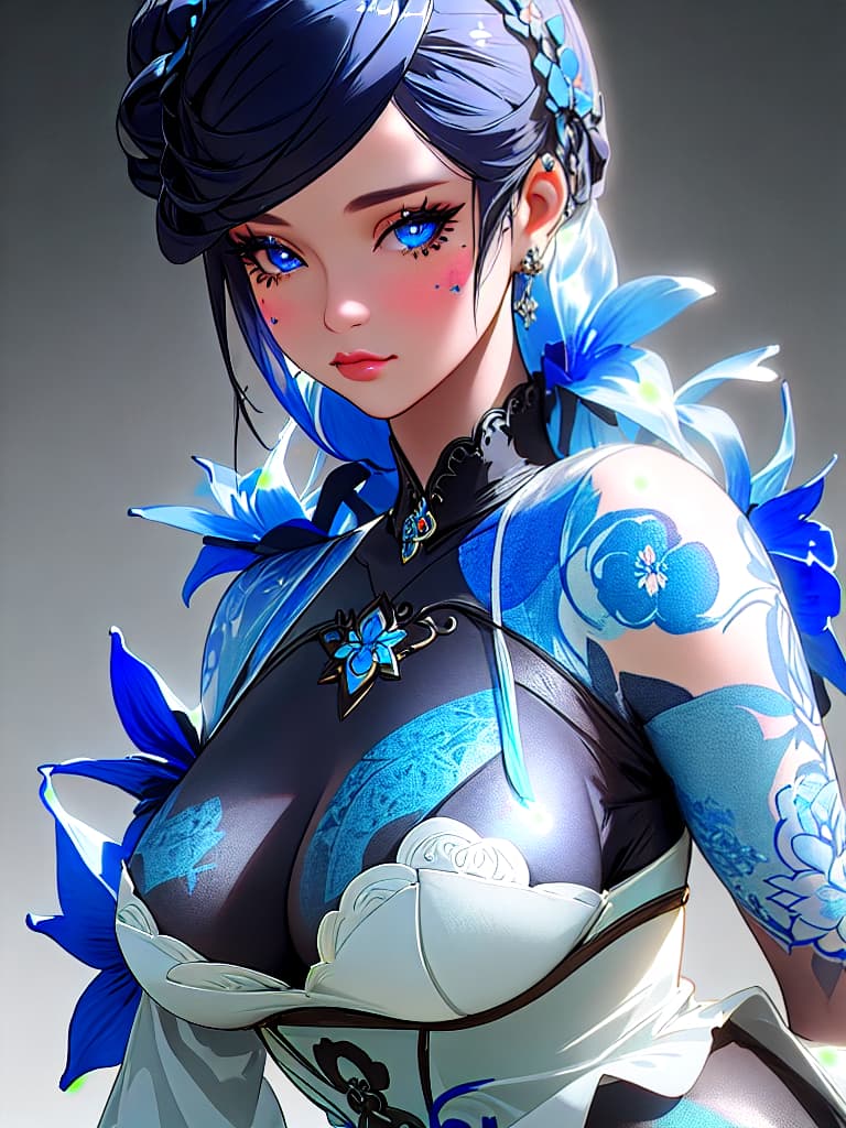  Close-up porcelain female figurine, looking to the camera, glossy surface, glaze, shiny, blue floral tattoos on her, dark gradient background, baroque dark style, hyperrealistic, CG society, intricate details